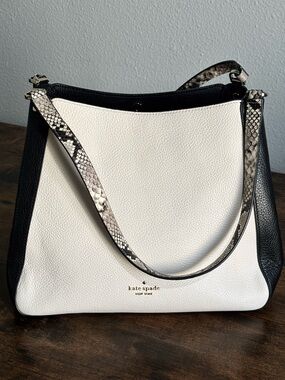 kate spade White and Black Leather Shoulder Bag with Snake-Print Strap